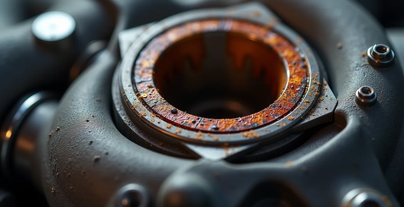 Coupe technique d'un turbocompresseur montrant les zones de surchauffe après arrêt moteur