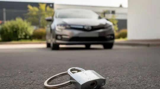 Voiture d’occasion garée avec des clés et un cadenas, symbolisant une vente bloquée par un gage ou une opposition administrative.