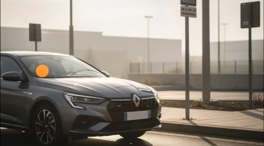 Voiture diesel avec vignette Crit'Air 3 dans une zone urbaine française avec panneaux de signalisation ZFE