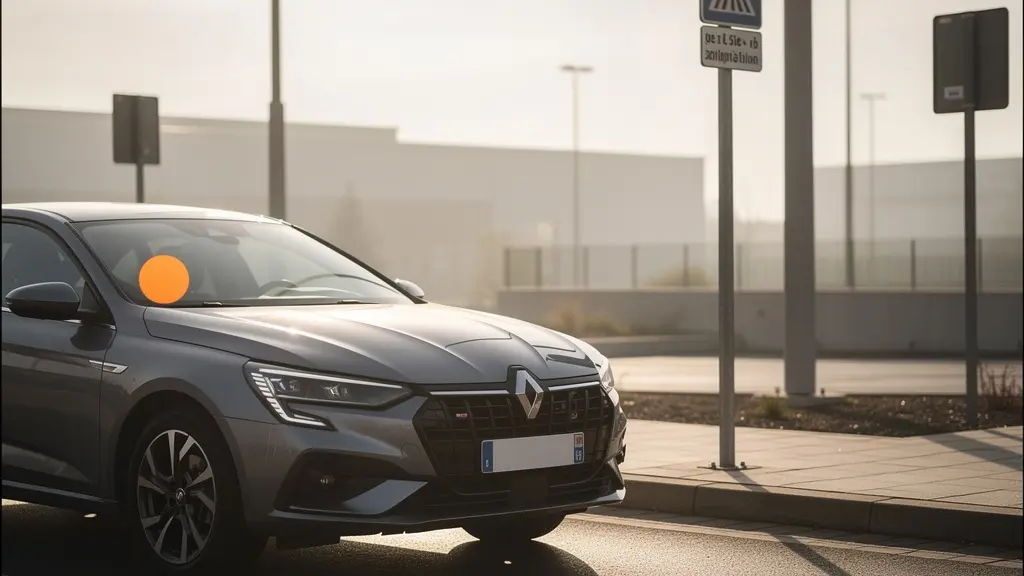 Voiture diesel avec vignette Crit'Air 3 dans une zone urbaine française avec panneaux de signalisation ZFE