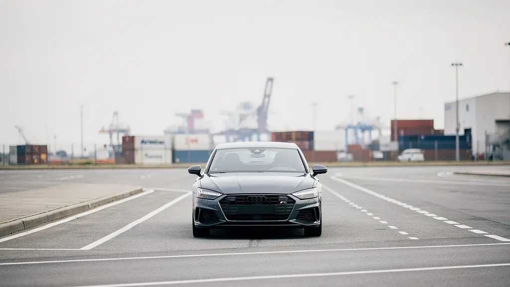 Vue large d’une voiture sans marque dans un port, suggérant l’importation, avec beaucoup d’espace negatif et aucun texte lisible.