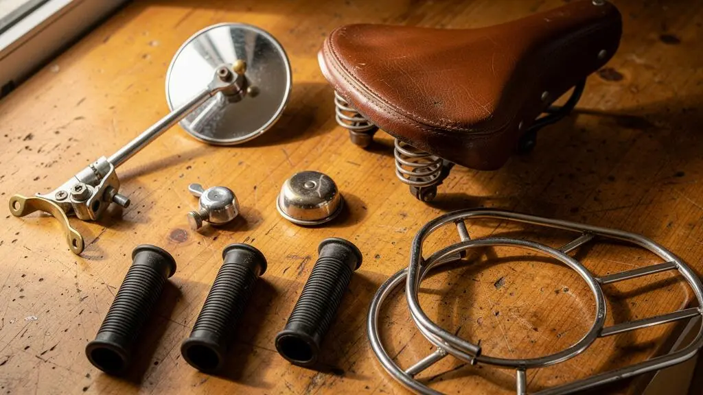 Assortiment d'accessoires vintage authentiques pour Solex disposés sur établi en bois incluant rétroviseur chromé, selle cuir et poignées Assortiment d'accessoires vintage authentiques pour Solex disposés sur établi en bois incluant rétroviseur chromé, selle cuir et poignées