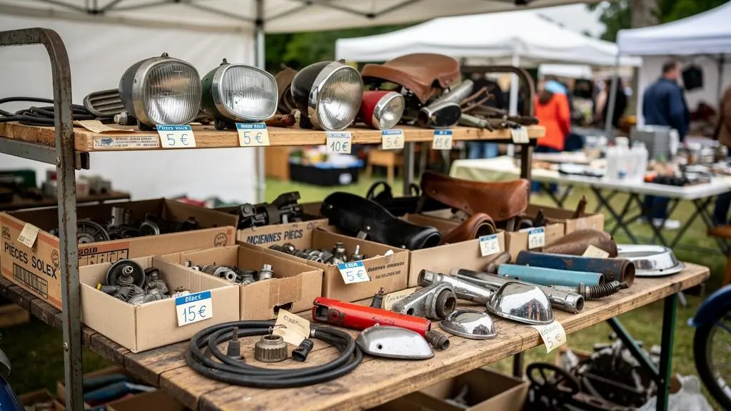 Étal de brocante française présentant pièces détachées et accessoires vintage pour Solex avec étiquettes prix manuscrites Étal de brocante française présentant pièces détachées et accessoires vintage pour Solex avec étiquettes prix manuscrites
