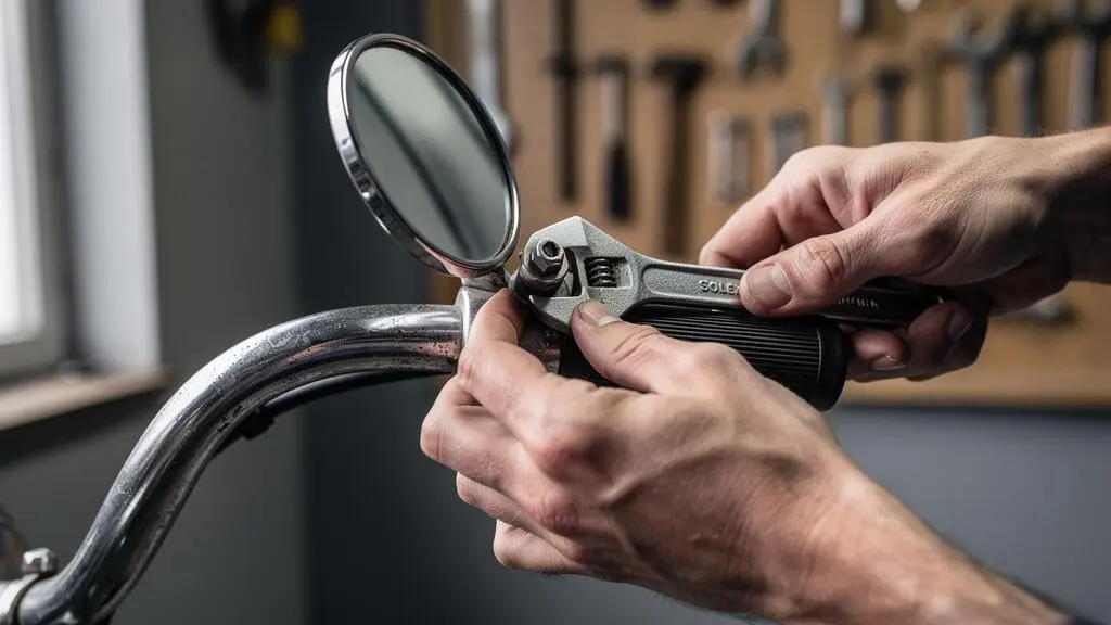 Mains installant un rétroviseur chromé vintage sur guidon de Solex avec système de fixation réversible par collier Mains installant un rétroviseur chromé vintage sur guidon de Solex avec système de fixation réversible par collier