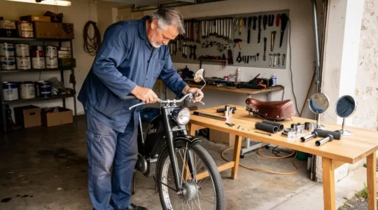 Passionné installant un accessoire chrome sur un Solex vintage dans un atelier résidentiel français